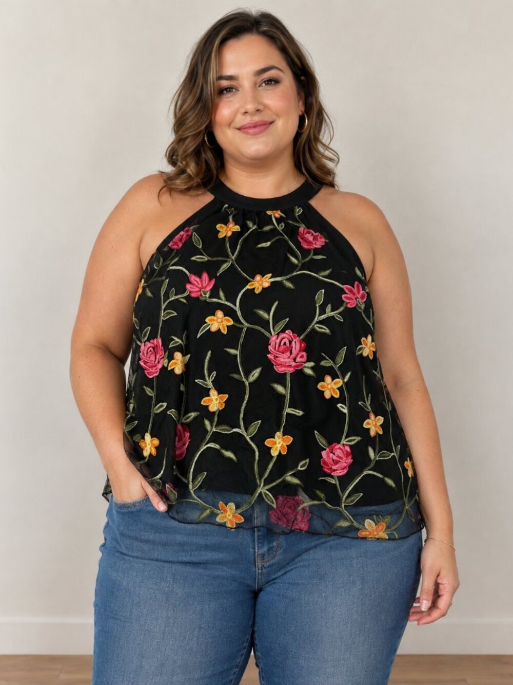 SHEIN Curve 2X Black Floral Embroidered Mesh Halter Top